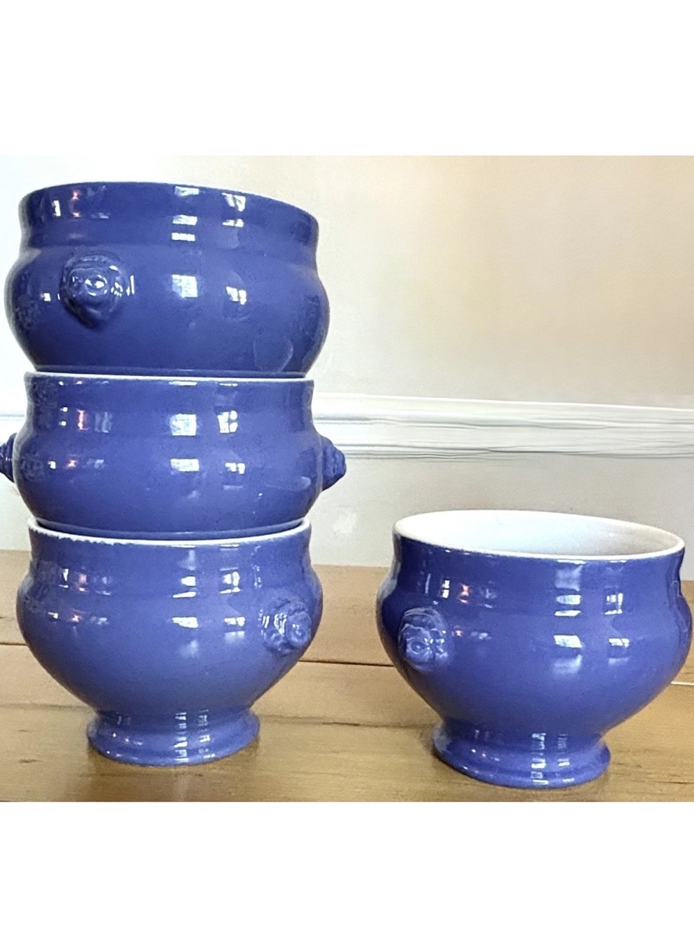 4 Emile Henry Pedestal Lion’s Head Soup Bowls - Cobalt Blue France Handles